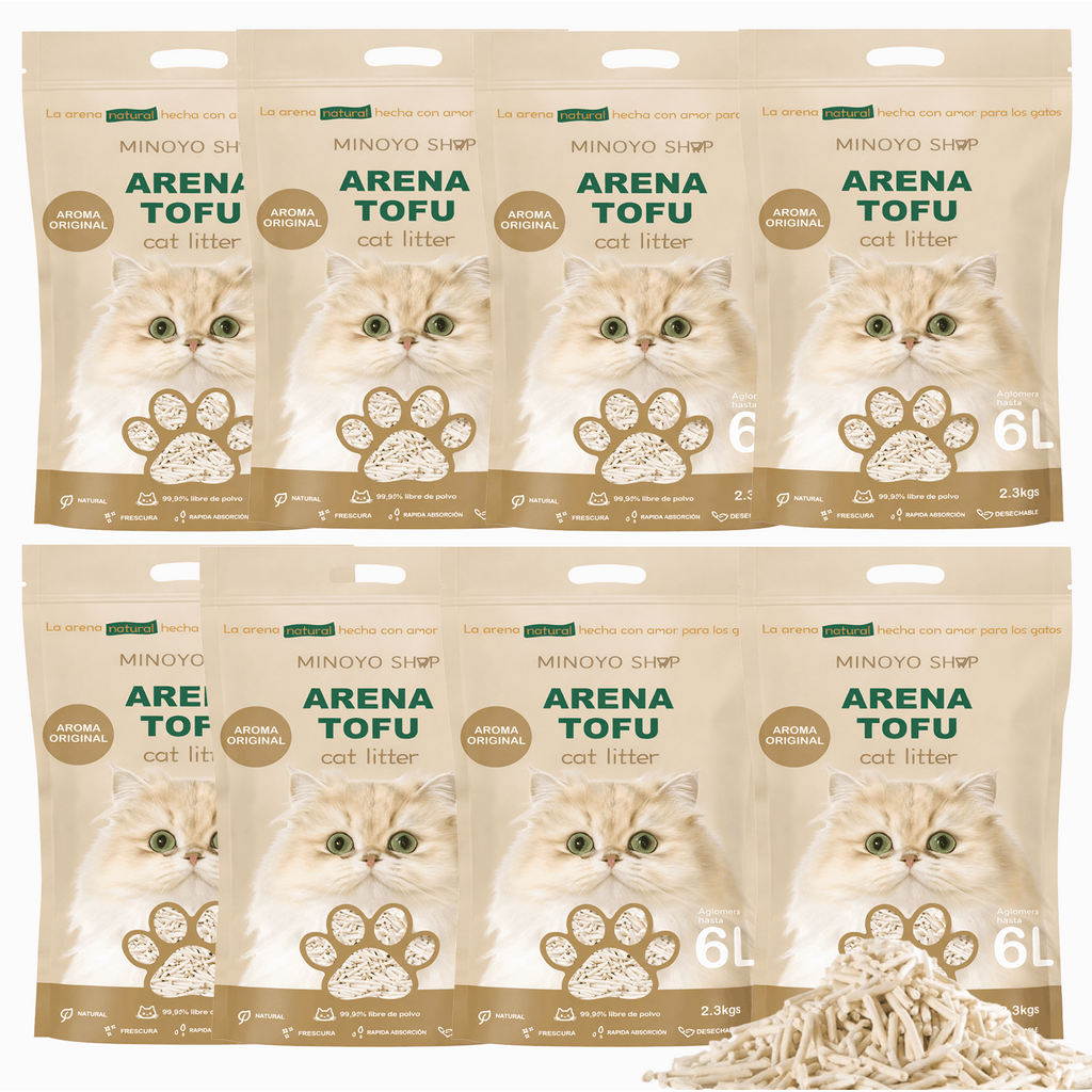 BPS Arena de Tofu para Gatos 6L - Sin Polvo Fácil de Aglomerar y Controla Olores - Biodegradable y Segura para Gatitos - Pack de 8 Bolsas
