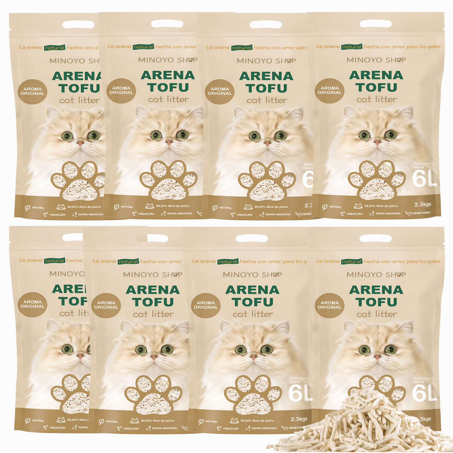 BPS Arena de Tofu para Gatos 6L - Sin Polvo Fácil de Aglomerar y Controla Olores - Biodegradable y Segura para Gatitos - Pack de 8 Bolsas