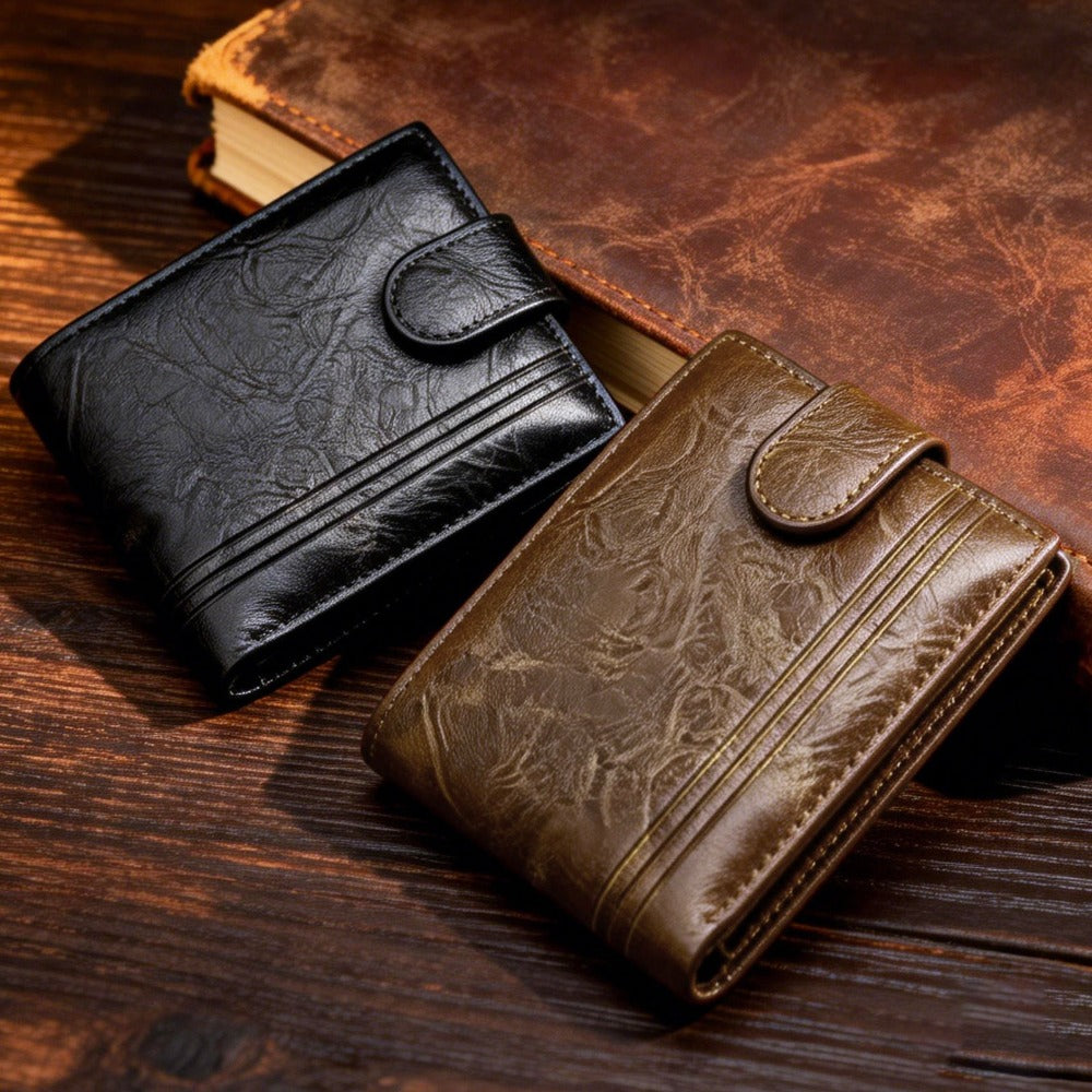 Cartera corta de cuero desgastado retro elegante para hombre – Monedero con cierre a presión y ventana para identificación para desplazamientos diarios, reuniones de negocios y salidas informales