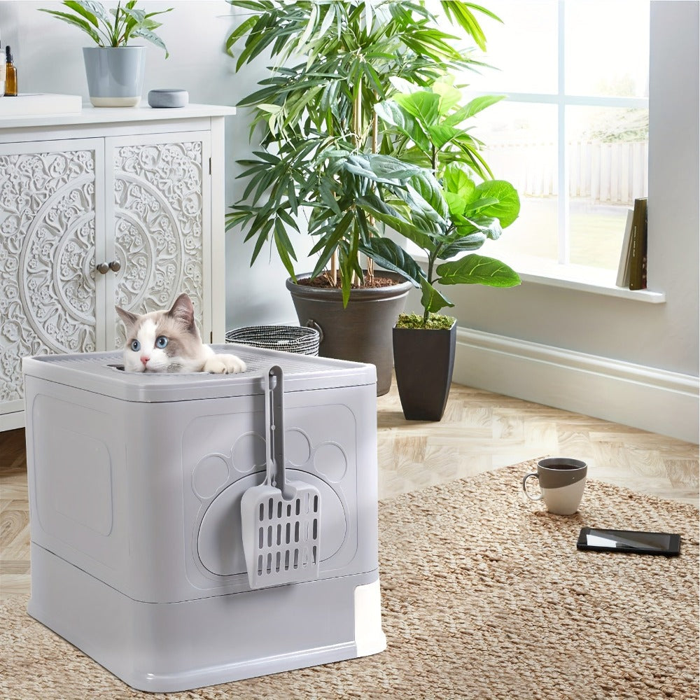Caja de arena cerrada para gatos, cajas de arena con entrada frontal y salida superior, bandeja de arena extraíble con masajeador, pala para arena, para gatitos, diseño desmontable