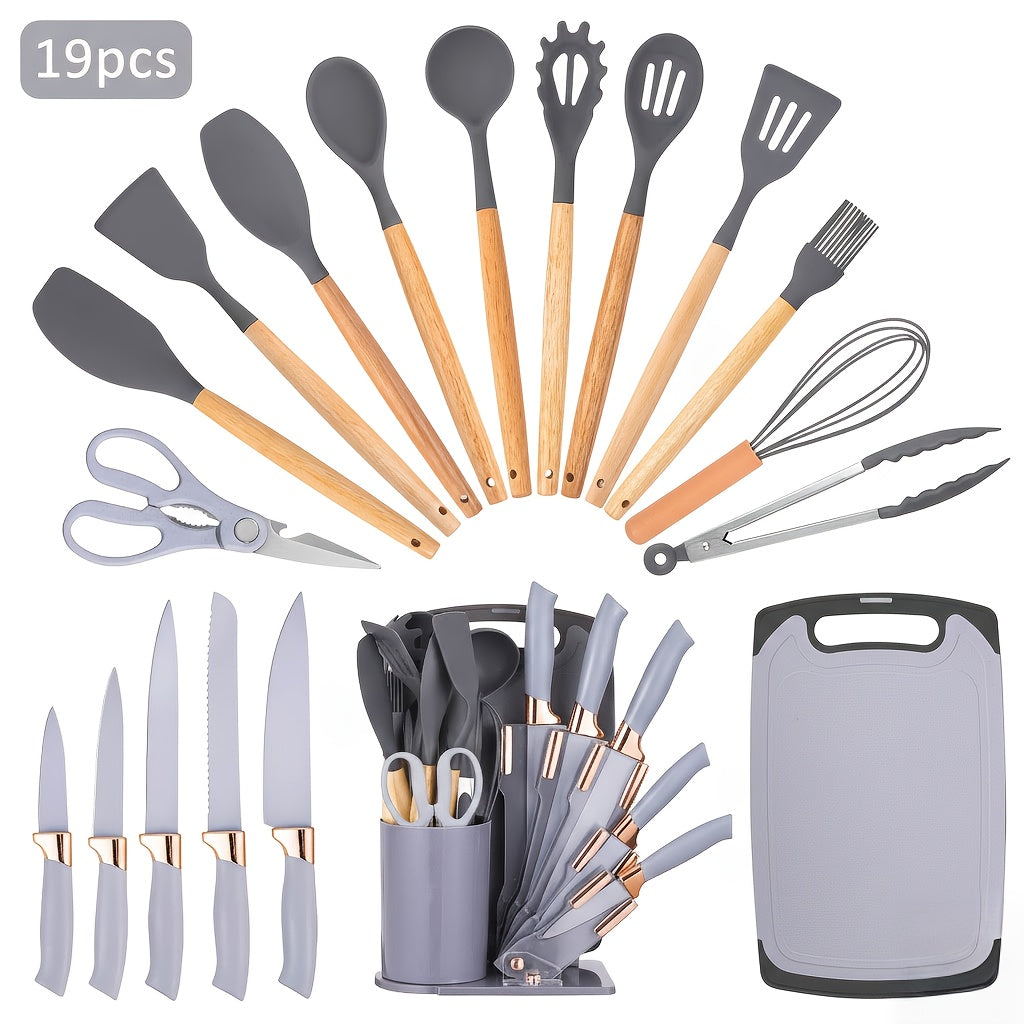 Juego de 19 Piezas de Cuchillos de Cocina con Bloque de Ventilación en Varios Colores. Incluye Cuchillo de Chef, Cuchillo de Carnicería, Cuchillo para Pan, Cuchillo Multiusos, Cuchillo para Frutas y Herramientas de Cocina. Hojas de Acero Inoxidable Premiu