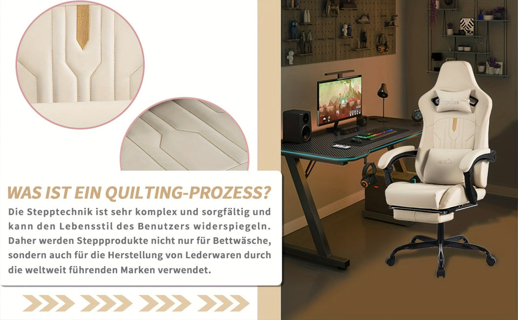 Silla de Juego y Oficina, Silla de Computadora con Reposapiés, Reposacabezas y Soporte Lumbar, Silla Ergonómica, Silla Giratoria y Ajustable en Altura, Opciones en Gris, Beige, , Marrón y Verde
