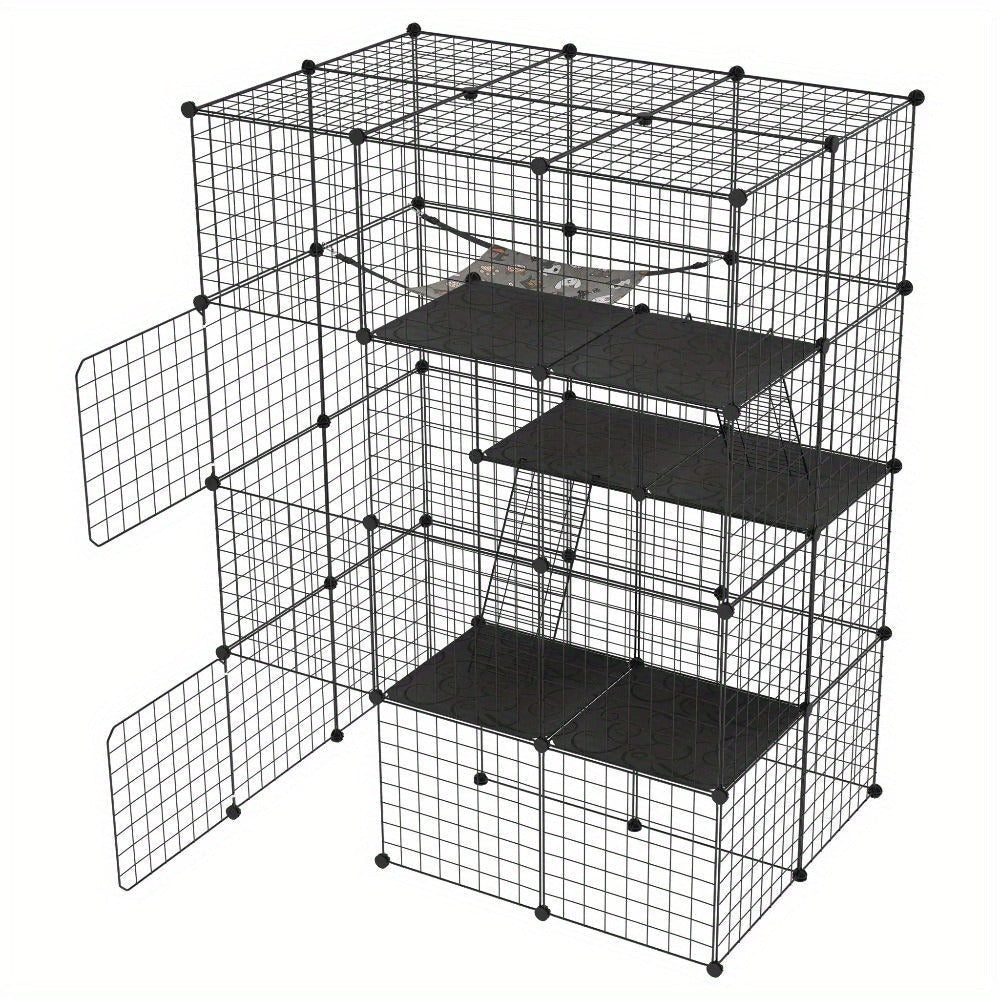 Cerradura Metálica Negra para Exteriores para Conejos, con Puerta y Adecuada para Animales Pequeños como Cobayas y Cachorros, Medidas 146X110X74 Cm (4 Columnas y 3 Capas)