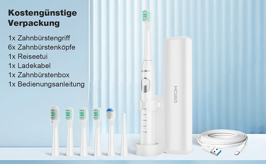 Cepillo de dientes sónico eléctrico para adultos con modos inteligentes y recargable por USB, tecnología de ondas de sonido apta para dientes y encías sensibles, cerdas suaves, 6 cabezales de cepillo, estuche de viaje y soporte de pared, apto para viajes,