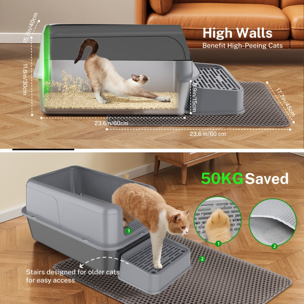 Bandeja de arena para gatos XXL de acero inoxidable con recinto desmontable, gran capacidad de 32L, incluye tapete XXL para arena de gato, pala metálica y escaleras para gatos mayores, apta para todos los gatos