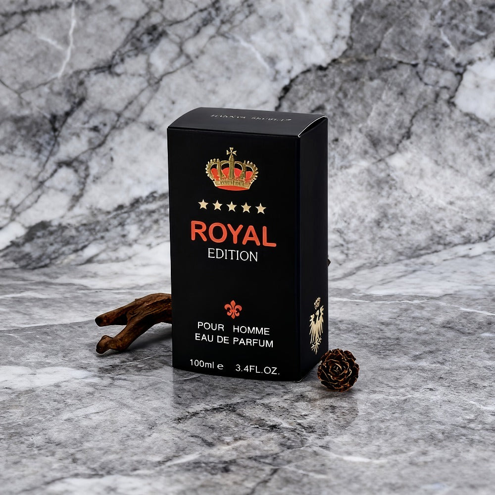 Perfume para hombre Colección Real (Fougere) | Botella profunda y lujosa decoración dorada, fragancia Fougere de limón y sándalo, fragancia de larga duración