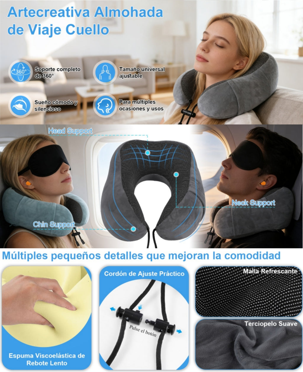 Una Almohada Cervical Ergonómica en Forma de U con Bolsa de Almacenamiento, Espuma de Memoria con Tecnología de Rebote Lento, Funda Lavable a Máquina, Ligera y Portátil para Avión, Oficina y Hogar, Apoya Cuello y Cabeza, Ideal para Siestas, Lectura y Ver