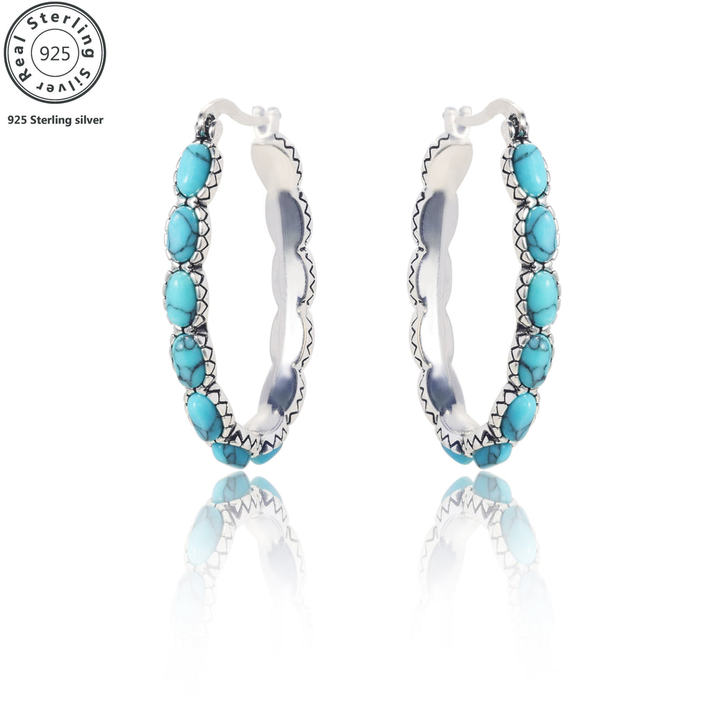 Aretes de Plata Esterlina 925 con Turquesa, Estilo Bohemio, 5.2g de Plata, Uso Diario, Opción de Regalo de Navidad, con Empaque Elegante