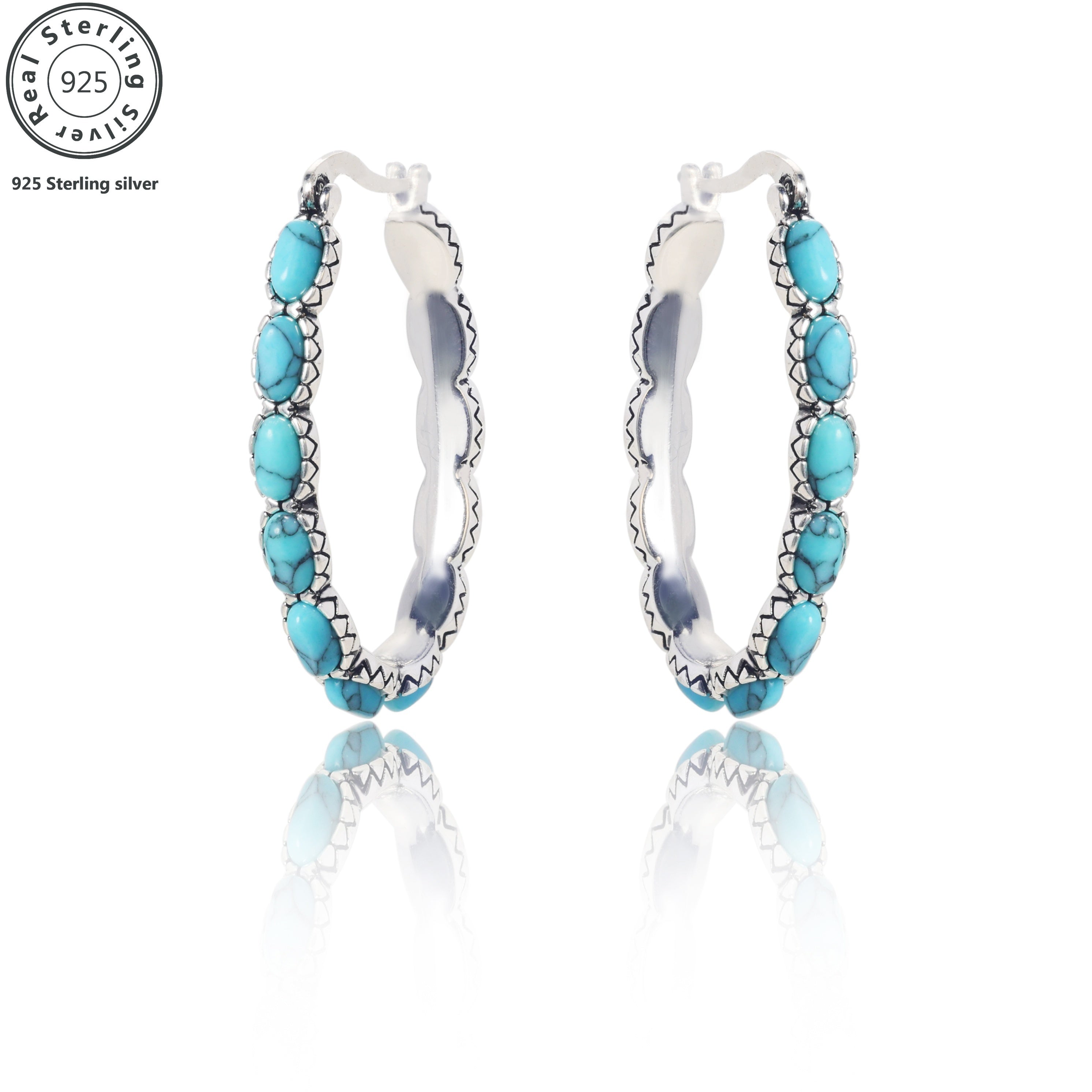 Aretes de Plata Esterlina 925 con Turquesa, Estilo Bohemio, 5.2g de Plata, Uso Diario, Opción de Regalo de Navidad, con Empaque Elegante