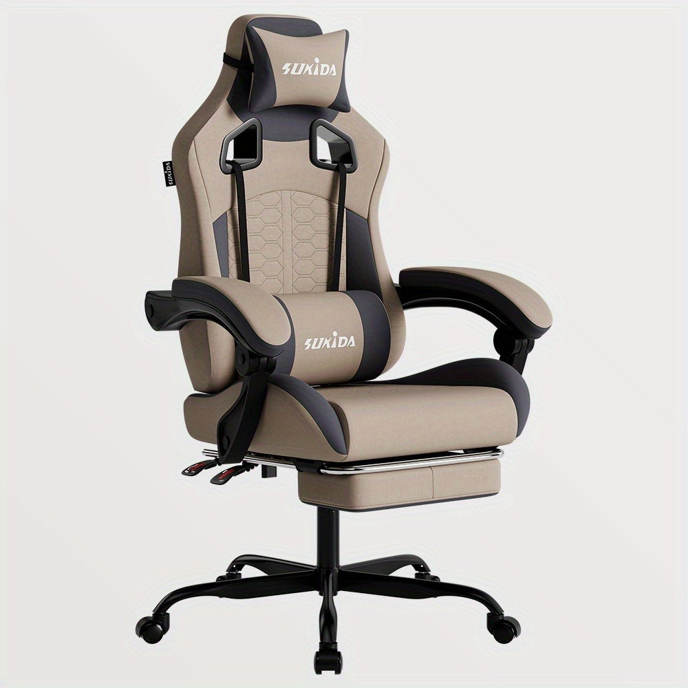 Silla Gaming, Silla Esports, Silla Gaming Ergonómica con Reposapiés, Silla Gaming de Carreras con Reposacabezas Ajustable, Silla de Ordenador con Altura Ajustable y Soporte Lumbar, Adecuada para Oficina en Casa y Gaming, Beige, Azul, Negro, Rojo, Naranja