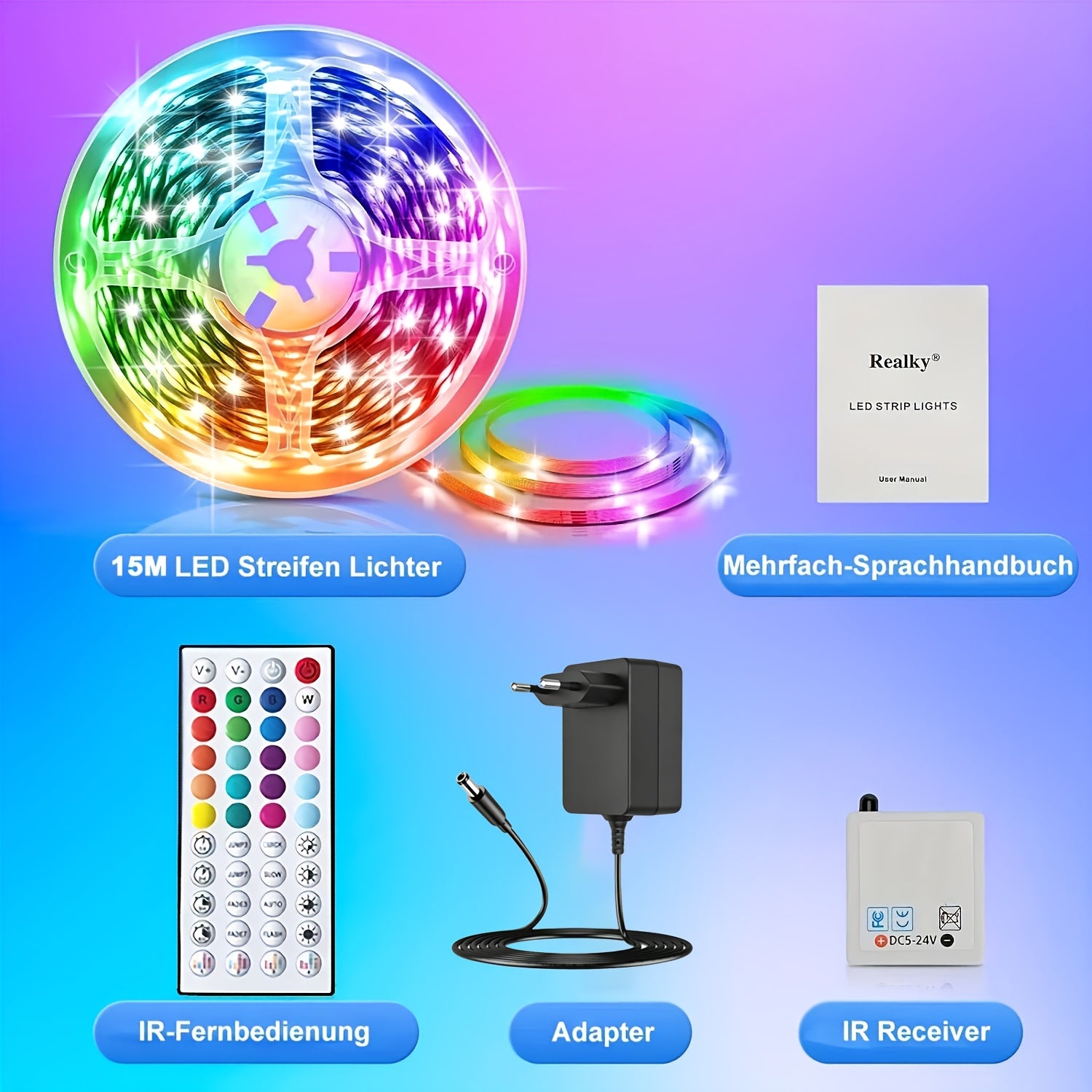 Tira LED | Tiras de luces LED inteligentes de 10M/15M/20M/30M con control remoto de 44 teclas, sincronización de música RGB y cambio de color, 20