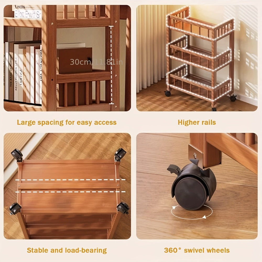 Carrito de madera de tres niveles, estante de almacenamiento con valla, carrito de cocina móvil con ruedas omnidireccionales, fácil de limpiar, adecuado para baños, dormitorios y estantes de sala de estar, estante de pie, estante de pie