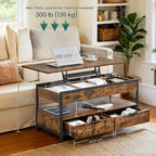 Mesa de Café con Tapa Elevable, Mesa de Sala, con Cajones de Almacenamiento, Compartimentos Ocultos y Estante Abierto