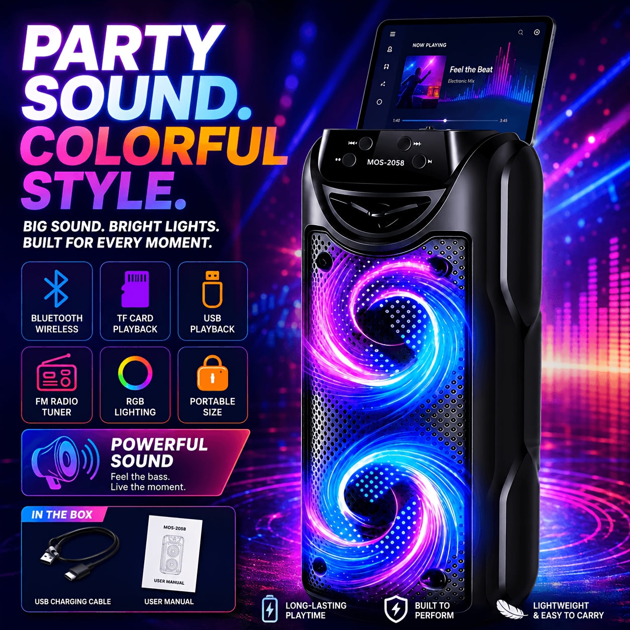 Sistema de altavoz de karaoke portátil Bluetooth, subwoofer dual de 3 pulgadas con graves profundos, luces de fiesta LED, radio FM, estéreo sin varillas TWS, altavoz PA de alto volumen, altavoz Bluetooth para exteriores para fiestas de verano, camping, pl