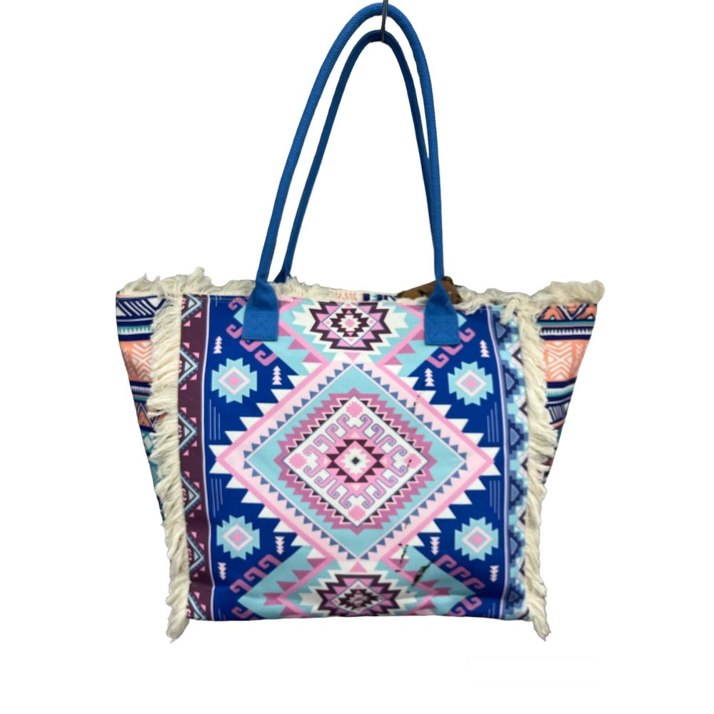 MEJORADA Bolso de playa grande con estampado bohemio, ideal para verano, con flecos de algodón, forro interior y bolsillos, 55×37×19 CM, tejido 100% poliéster