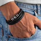 Muñequera de Cuero para Hombre, Brazalete Trenzado Negro con Cierre Magnético de Acero Inoxidable, Regalo para Hombres en el Día de San Valentín, Cumpleaños, 21Cm Adecuado para la Mayoría.