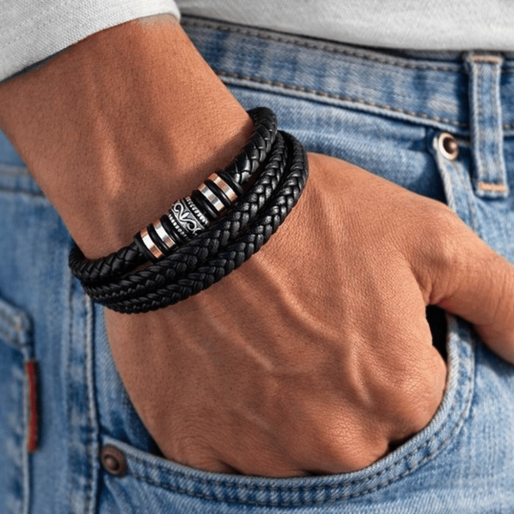Muñequera de Cuero para Hombre, Brazalete Trenzado Negro con Cierre Magnético de Acero Inoxidable, Regalo para Hombres en el Día de San Valentín, Cumpleaños, 21Cm Adecuado para la Mayoría.