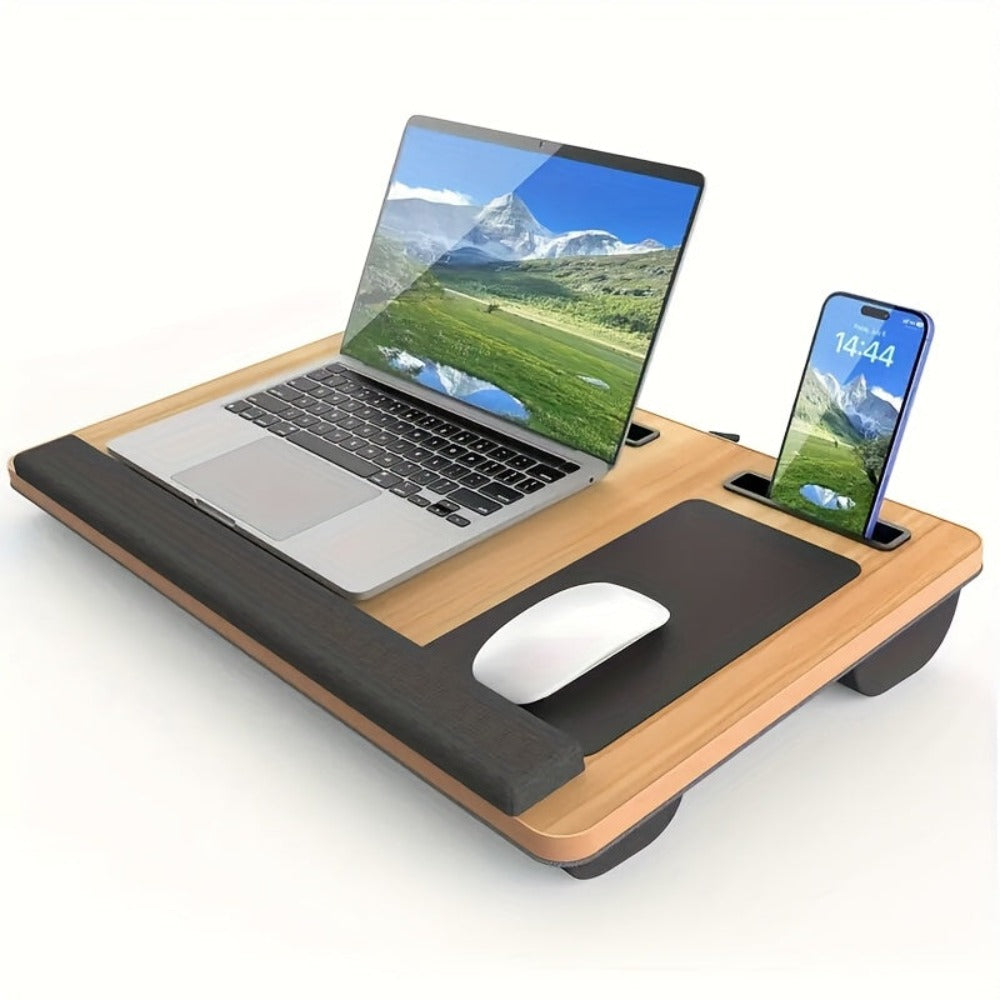 Escritorio de oficina multiusos con reposabrazos, alfombrilla para ratón, ranuras para tablet y teléfono, asa portátil, escritorio acolchado para laptop, estructura de madera duradera, adecuado para usar en la cama, almacenamiento en el hogar y la oficina