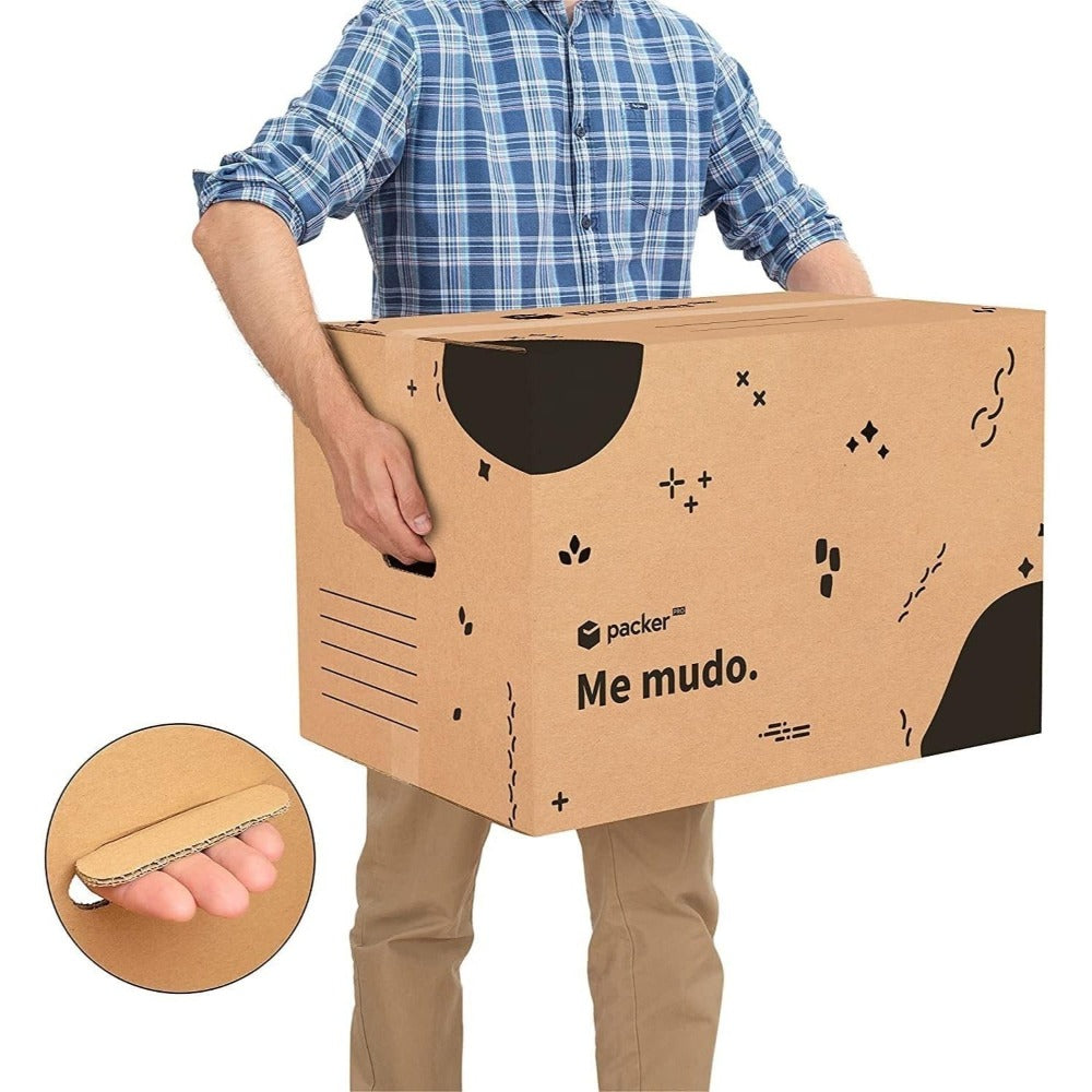 Caja Cartón para Mudanzas y Almacenaje Ultra Resistentes con Asas, Cartón Resistente de Máxima Durabilidad, Tamaño Ideal para Mudanzas y Almacenaje de Libros, Objetos y Ropa, Asas Laterales para Manejo Fácil y Seguro - packer PRO