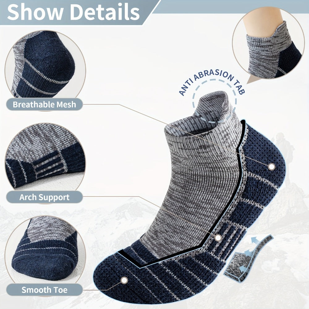 Seis pares de calcetines tobilleros de lana merino, ideales para senderismo y running. Estos calcetines de trabajo ofrecen soporte de compresión, absorben el sudor y son transpirables con un amortiguamiento grueso. Son de corte bajo y están diseñados para