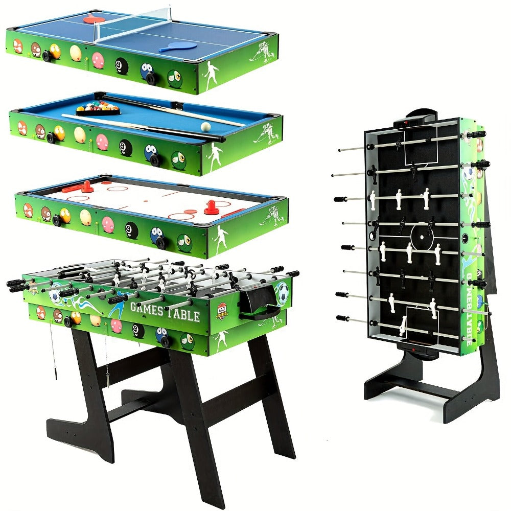 HLC Mesa de Juegos Multifuncional 4 en 1: Billar, Air Hockey, Ping Pong y Curling, diseñada especialmente para salas de juegos familiares. Disfruta del máximo entretenimiento multi-juego con un juego completo de accesorios (solo para adultos), sin batería