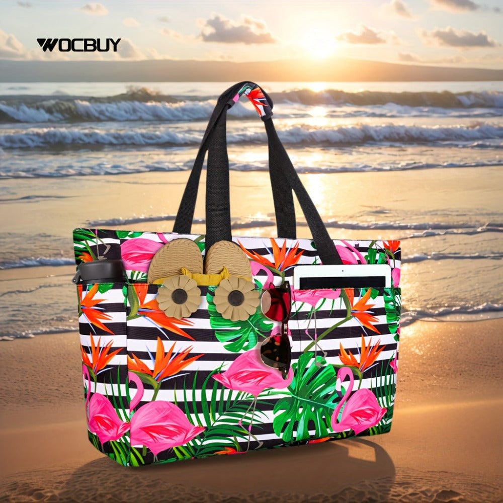 WOCBUY Bolso de playa extragrande, Bolsos de playa con cremallera, Bolsas de playa plegables ligeras, Bolsos de playa espaciosos con múltiples bolsillos para mujer, Ideal para piscina, compras, viajes, vacaciones y gimnasio