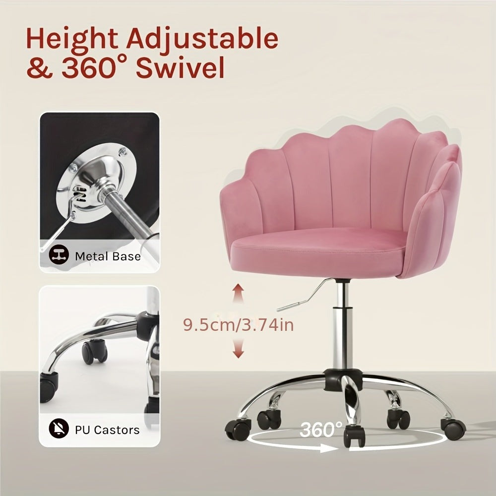 1 Silla de oficina para el hogar, Silla de escritorio, Silla de maquillaje, Silla de terciopelo con respaldo en forma de pétalo - Cómoda y hermosa, Silla giratoria con ruedas, Altura de silla ajustable, Base de metal, Fácil de montar
