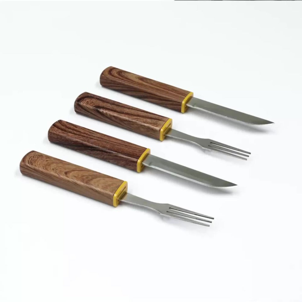 Juego de utensilios de viaje marrones de 2/4/8 juegos | Cubiertos para camping al aire libre | Utensilios reutilizables para el almuerzo en la oficina | Tenedor de mesa portátil y cubiertos con mangos de plástico con grano de madera | Regalos de Navidad p