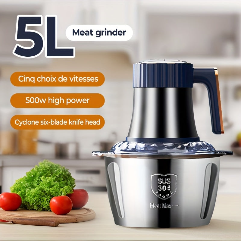 Procesador de alimentos de acero inoxidable de 5 litros, picadora eléctrica potente de 40,000 RPM, 6S, procesador multifuncional de acero inoxidable para cortar verduras para carne, verduras, cebolla, ajo, ensalada y alimentos para niños