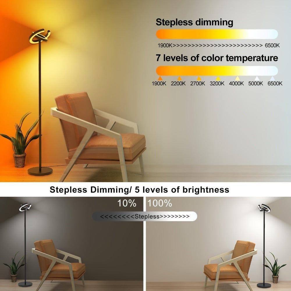 Lámpara de Pie para Sala de Estar, 1.9m de Altura para Dormitorio con 2 Anillos de Luz Giratorios de 312°, 36W Brillante y Regulable sin Escalones