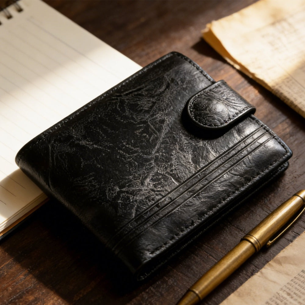 Cartera corta de cuero desgastado retro elegante para hombre – Monedero con cierre a presión y ventana para identificación para desplazamientos diarios, reuniones de negocios y salidas informales