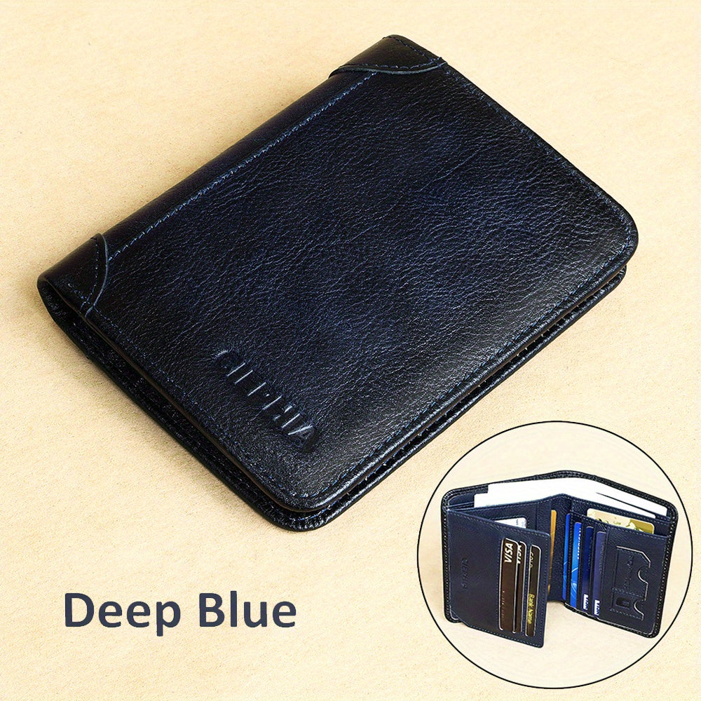 Cartera de Cuero Genuino para Hombre con Juego de Tarjetas de Bendición, Bloqueo RFID, Ultra Delgada, Piel de Vaca de Primera Calidad, Porta Tarjetas de Identificación y Crédito Multifuncional Compacto, Regalo para Navidad, Día de San Valentín y Día del P