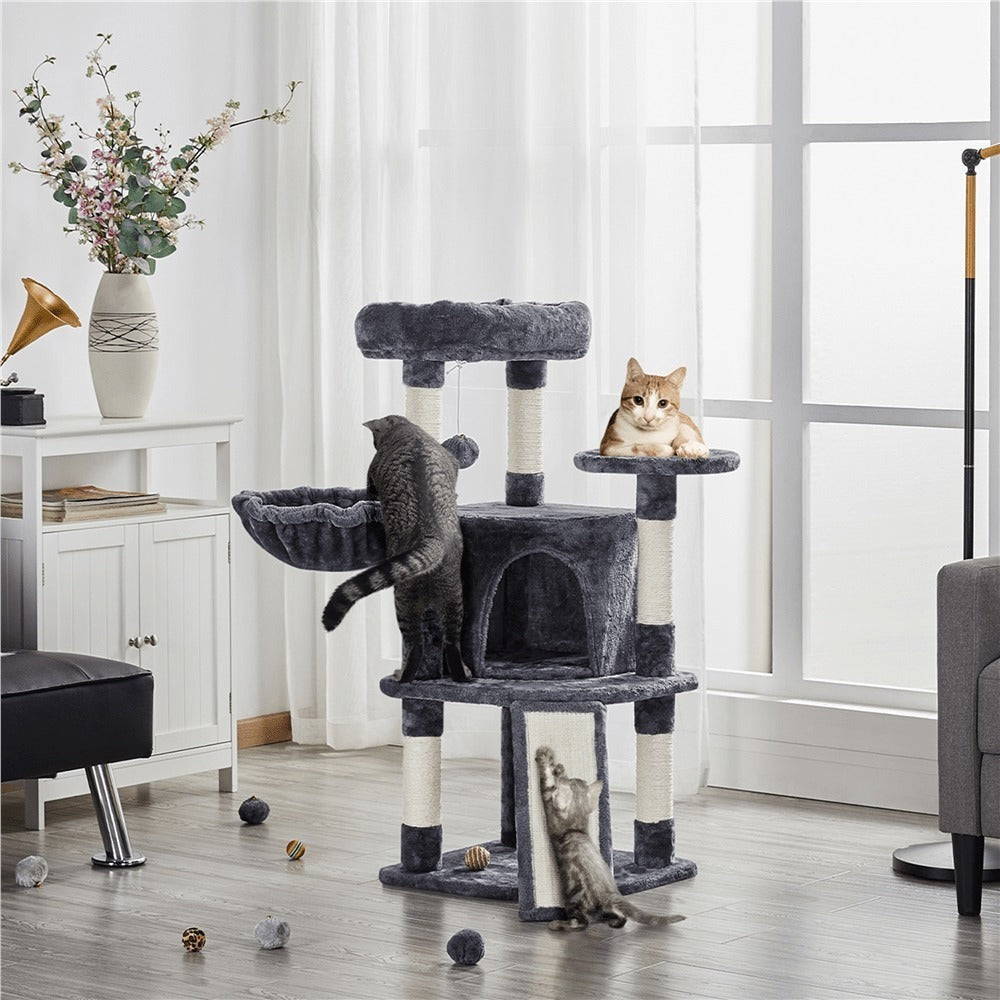 Costoffs Árbol para gatos de 107 cm con plataforma de observación, cueva para gatos, 5 postes de sisal, cueva de descanso, rascador y bola de felpa colgante, mueble para gatos