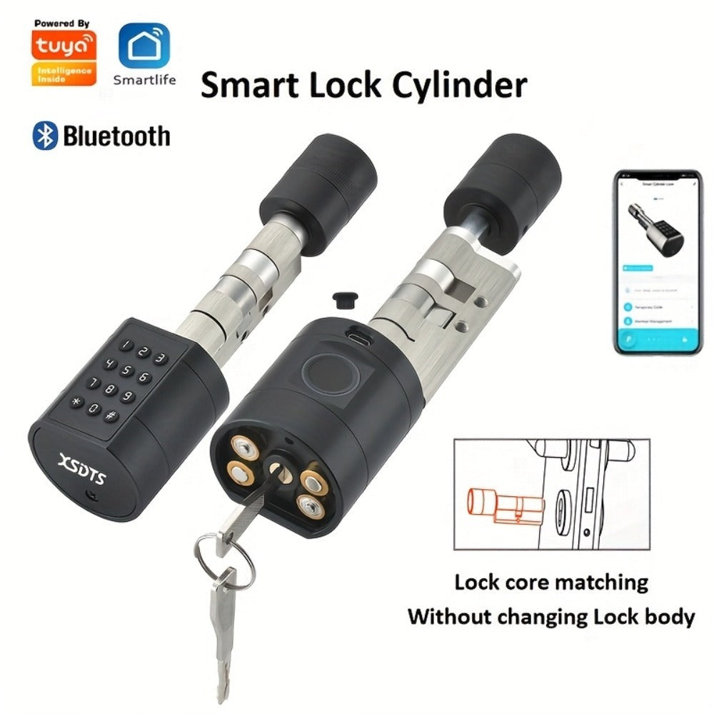 Cerradura Inteligente Cilindro Compatible para Oficina - Sistema de Desbloqueo 5 en 1 con Huella/Llave/Tarjeta/Contraseña/Control por App Tuya, Adecuada para Puertas y Sistemas de Entrada