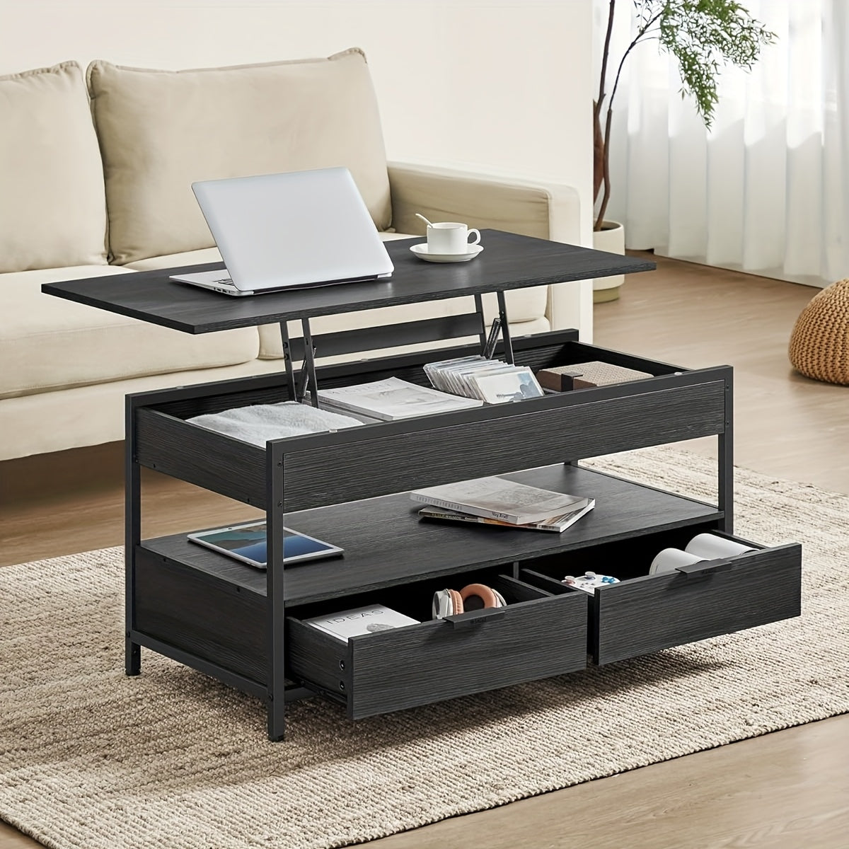 Mesa de Café con Tapa Elevable, Mesa de Sala, con Cajones de Almacenamiento, Compartimentos Ocultos y Estante Abierto