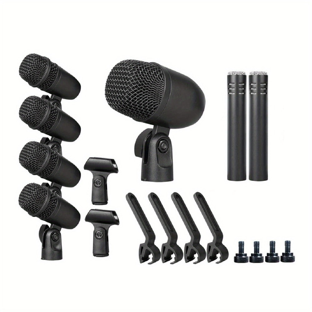 Juego de 7 micrófonos dinámicos de metal para batería - Adecuados para grabación profesional de batería con micrófonos para bombo, tom/snare y platillos, equipados con pinzas para micrófono