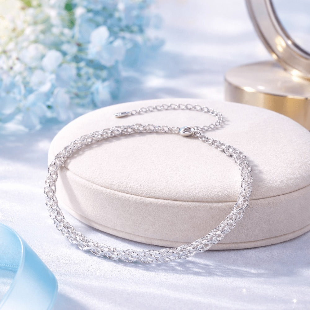 Pulsera tejida para mujer de plata de ley 925 - Elegante collar de plata tejido fino para mujer, regalo de joyería ajustable