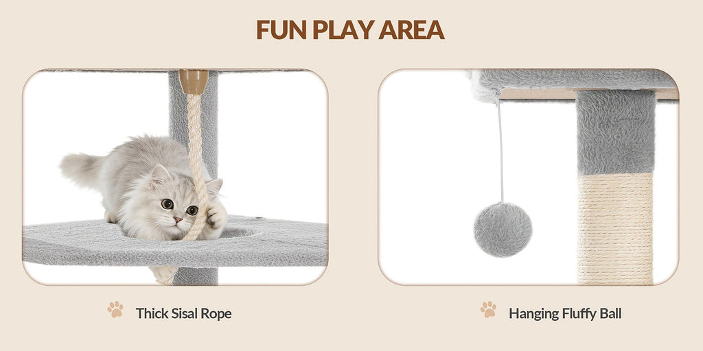 Árbol para gatos de 220 cm de varias capas con 3 casitas para gatos, 3 plataformas, 3 hamacas, 8 postes de sisal, 1 bola de pelo y 1 cuerda de sisal