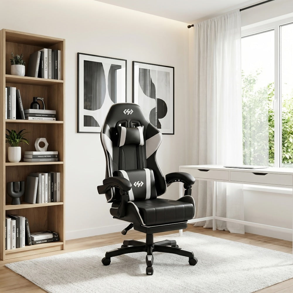 Silla de gaming ergonómica con inclinación ajustable y reposapiés, silla de oficina con reposacabezas y soporte lumbar, hecha de material duradero, ideal para trabajo y ocio
