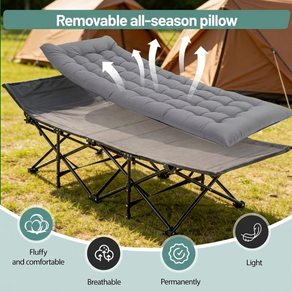 Cama de campaña para adultos con cojín extra grueso de 4 cm, cómoda y plegable, cama portátil para dormir, soporta 150 kg