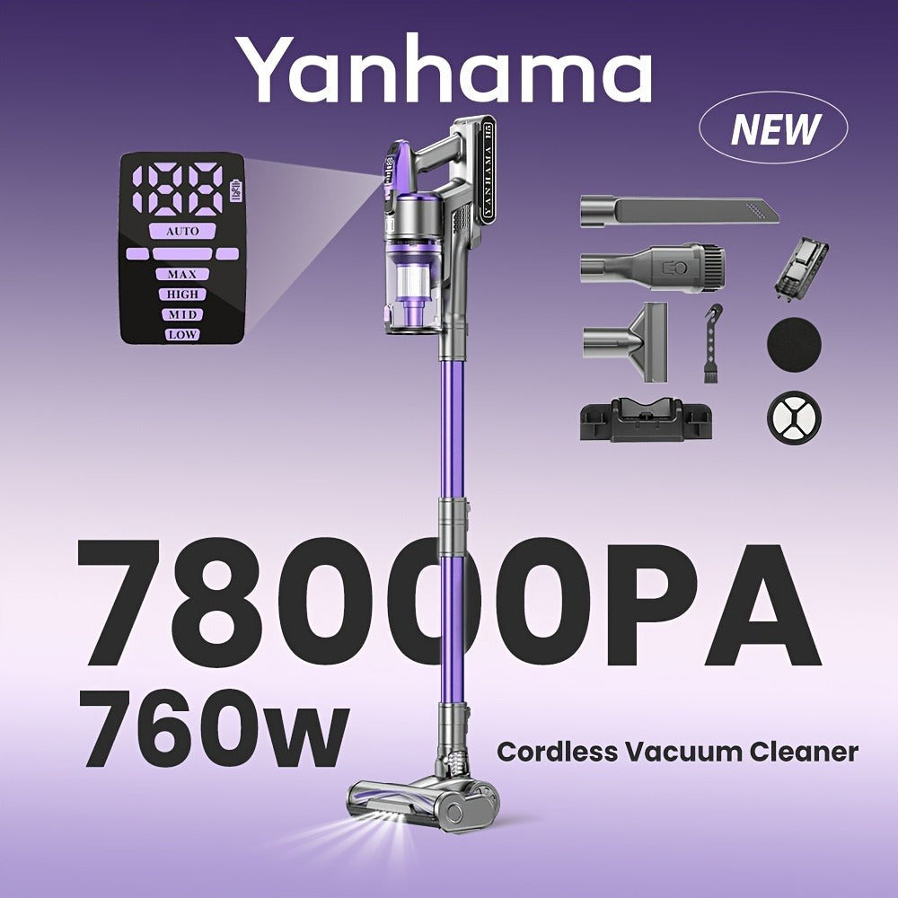 Aspiradora inalámbrica Yanhama/ 78000PA/ Aspiradora inalámbrica 8 en 1/ con cepillo antienredos/ 70 minutos de autonomía/ Aspiradora inalámbrica con pantalla LED/ Aspiradora de mano para pelo de mascotas, suelos duros, alfombras, limpieza de primavera del