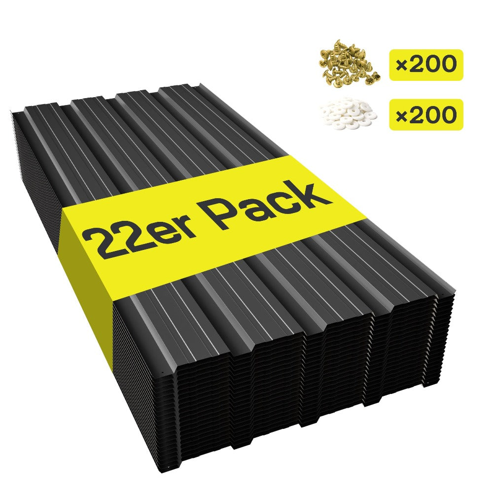 22 piezas de láminas trapezoidales de acero galvanizado de alta resistencia con tornillos y 200 clavos - Paneles de metal corrugado para techos, revestimiento de paredes, vallas, cobertizos y estructuras al aire libre (Negro/Gris, 108x42.6cm, 0.25mm) - Fá