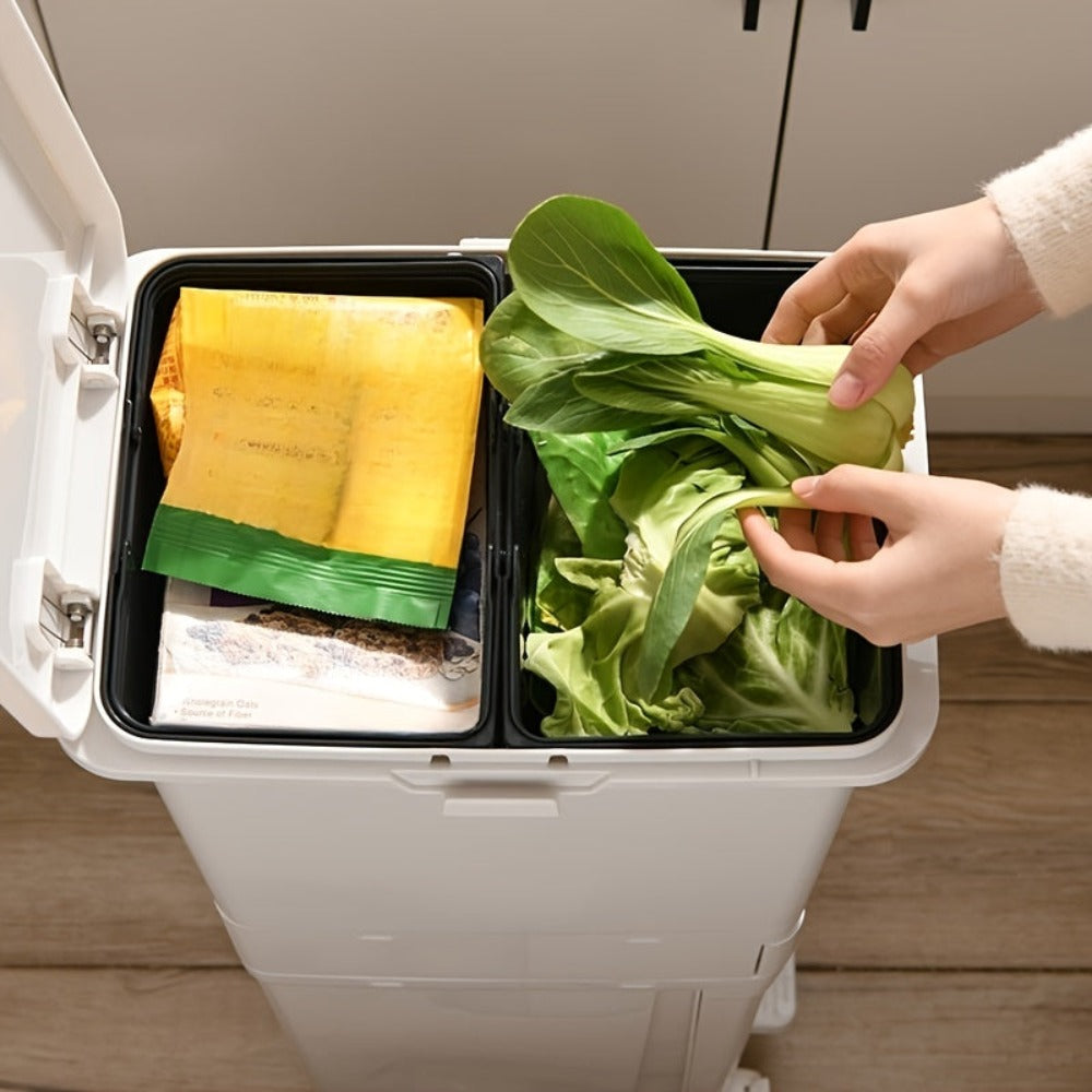 Cubo de Basura Estrecho de 3 Capas con Tapa - Delgado, Gran Capacidad, Doble Compartimento para Separación Seca y Húmeda con Ruedas y Asas para Fácil Movimiento, Perfecto para Separación de Residuos de Cocina, Operado con Pedal, Espacio de Cocina, Uso Dom