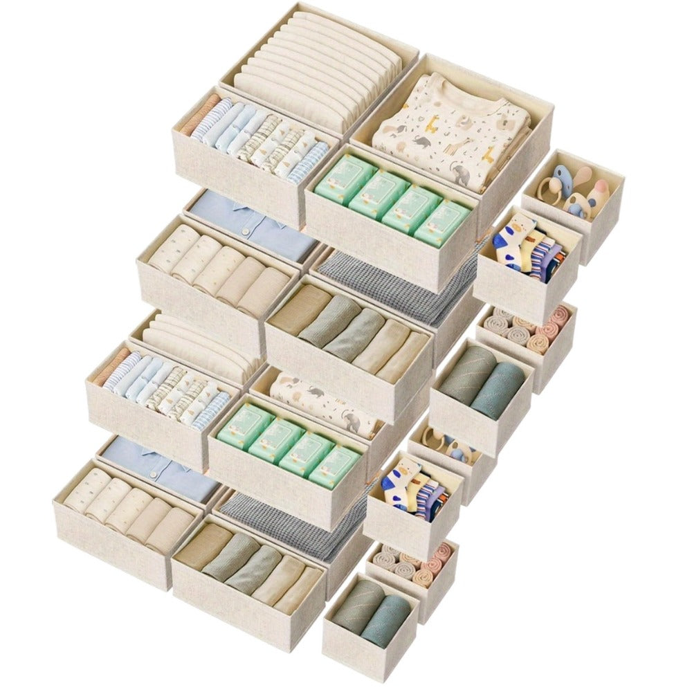 Paquete de 18/24 Organizadores Plegables para Cajones con Tela Profunda y Cierre en Zip - Beige, Contenedores Multicompartimento Resistentes Para Ropa, Calcetines, Pañales, Toallas, Sostenes & Ordenación del Vestidor o Guardería - Cubículos Ahorradores de