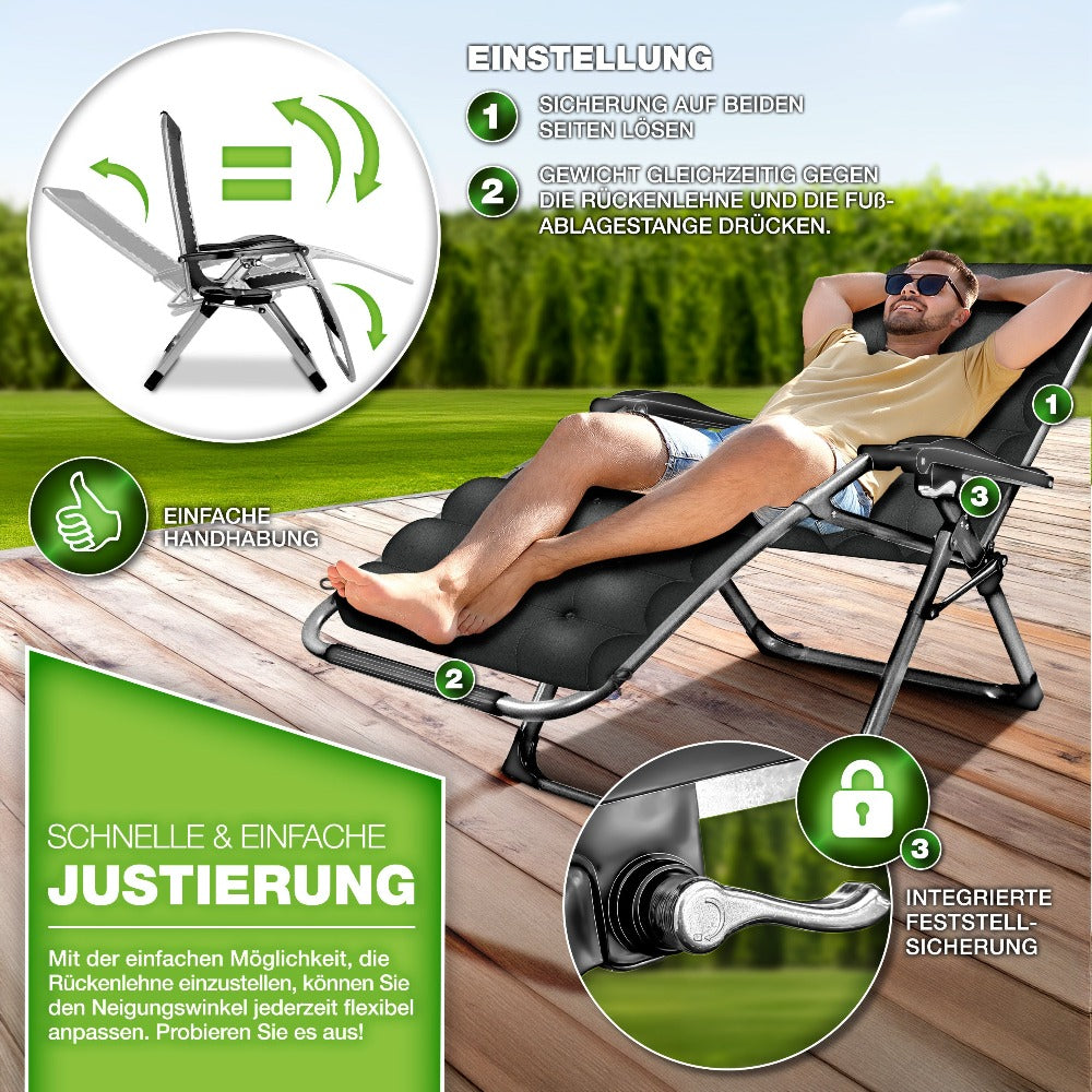 Tillvex® Tumbona Reclinable Plegable hasta 200Kg, Sillón de Sol para Jardín Exterior, Resistente a la Intemperie para Balcón, Jardín y Terraza, Ajustable con Acolchado Grueso, Reclinable, Extra Ancha, con Soporte para Bebidas