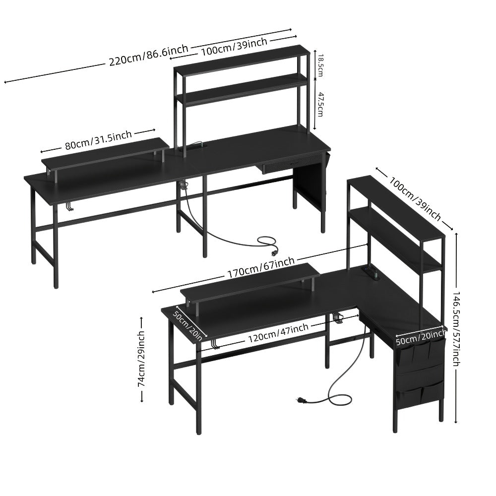 Escritorio de Esquina Reversible para Juegos con Toma de Corriente, Escritorio en L con Esquina Abatible, Escritorio Ergonómico con Estantes de Almacenamiento, Cajones y Bolsas, Escritorio de Esquina con Soporte para Monitor, Oficina en Casa