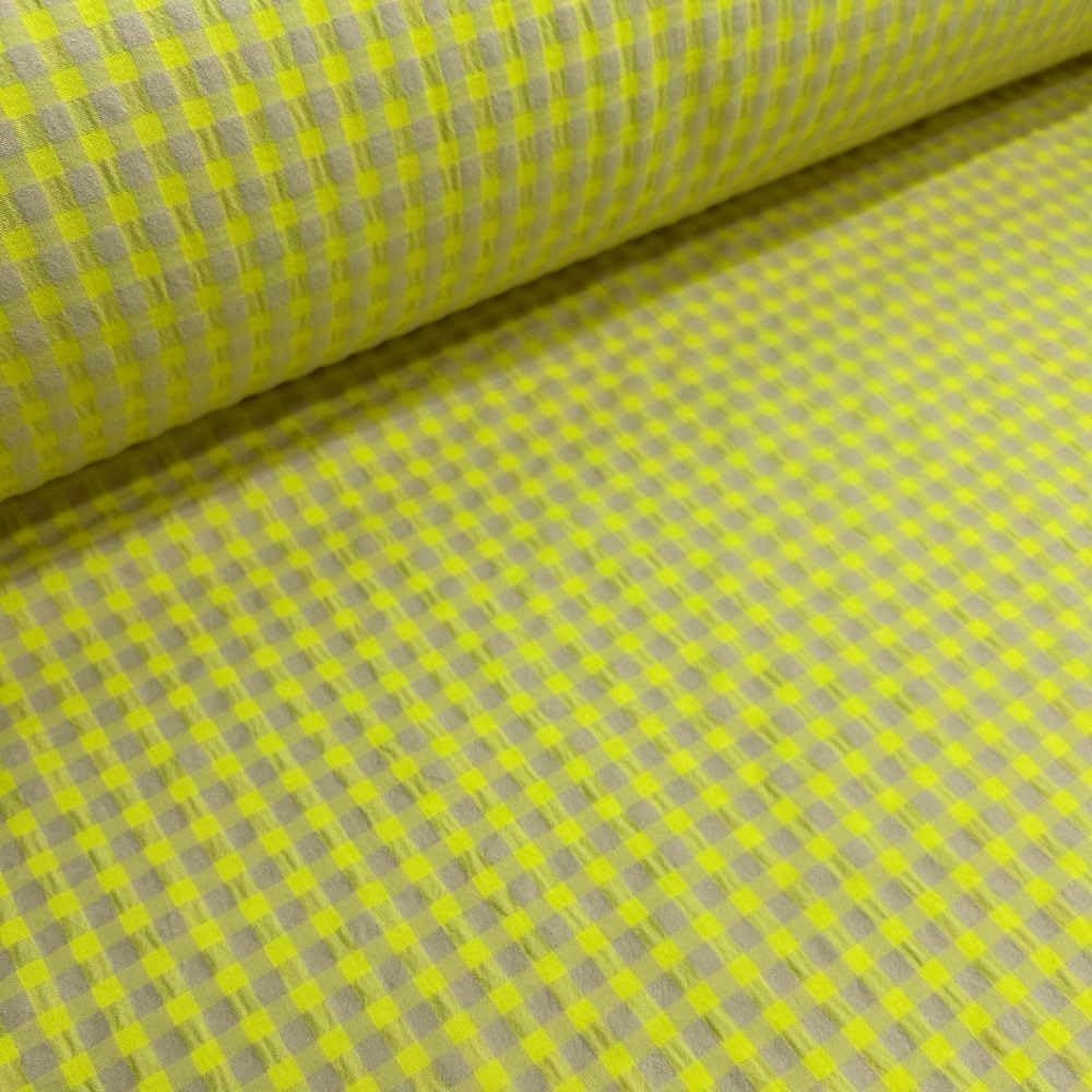 Tela Seersucker, 60% Algodón, 40% Poliéster Reciclado GRS, Camisería, Prendas Moda, Cuadros Vichy, Amarillo Flúor