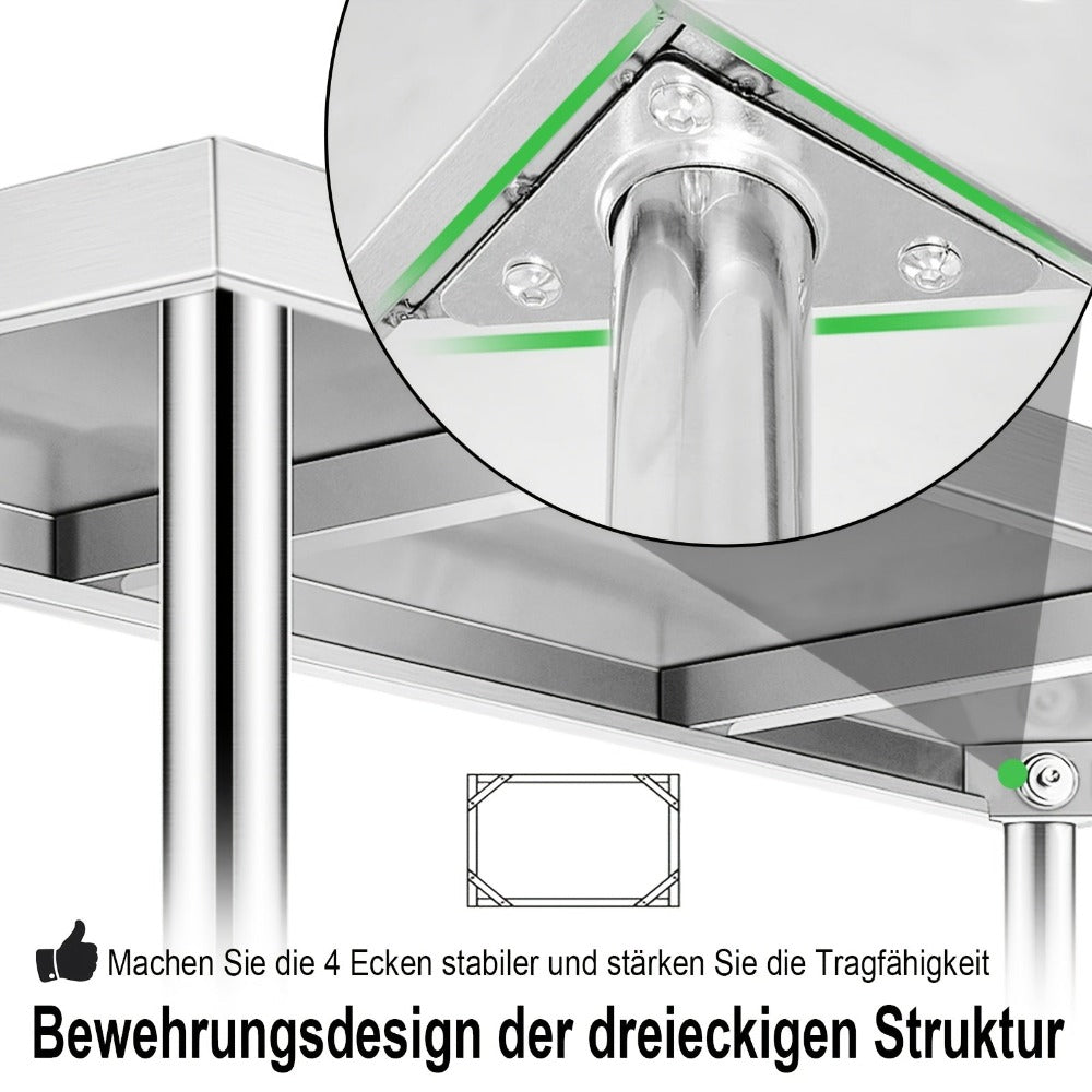 Encimeras de acero inoxidable para cocina con protector contra salpicaduras, incluye patas ajustables y estante inferior extra grande, carga máxima de 250 kg