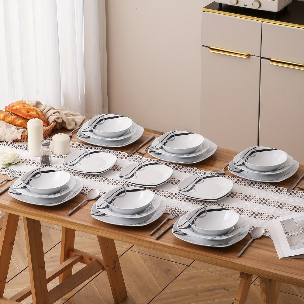 Juegos de Comedor de 24 piezas, Juegos de Platos y Tazones, Juego de Comedor Redondo de 24 piezas para 6 personas, Juego de Platos Resistente a los Arañazos, Juegos de Platos Seguros para Lavavajillas y Microondas, Adecuaciones de Cocina de 24 piezas