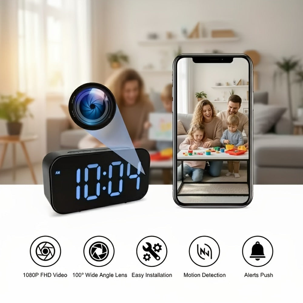 Cámara con reloj digital 1080P FHD, cámara de seguridad con tarjeta SD de 32 GB, punto de acceso AP y WiFi6, visualización remota en tiempo real, almacenamiento local, detección de movimiento, para uso en interiores en hogar, oficina y tienda inteligentes